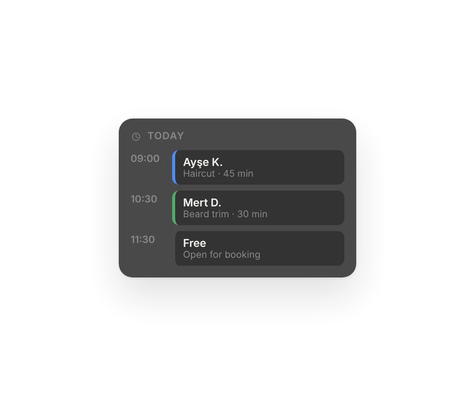 Today's appointments: 09:00 Ayşe K., 10:30 Mert D., 11:30 free