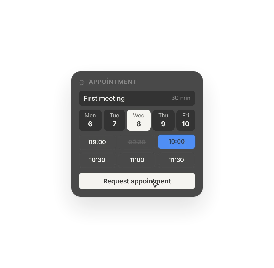 The booking section on your site: pick a service, a day and a free time