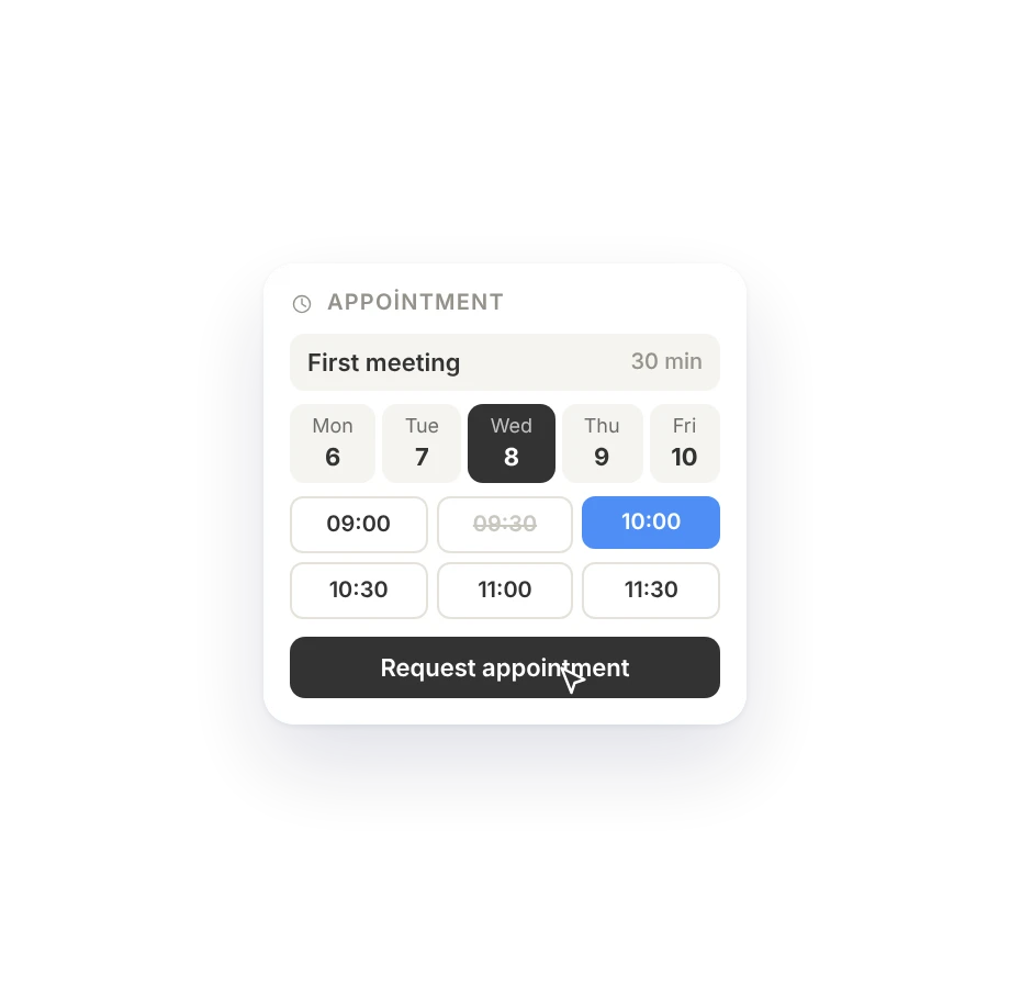 The booking section on your site: pick a service, a day and a free time