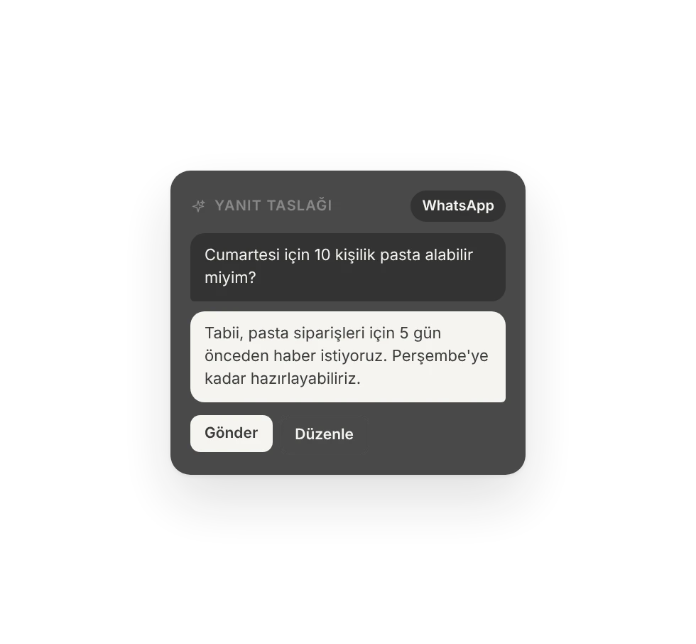 Yanıt taslağı: pasta siparişi sorusuna asistanın hazırladığı cevap