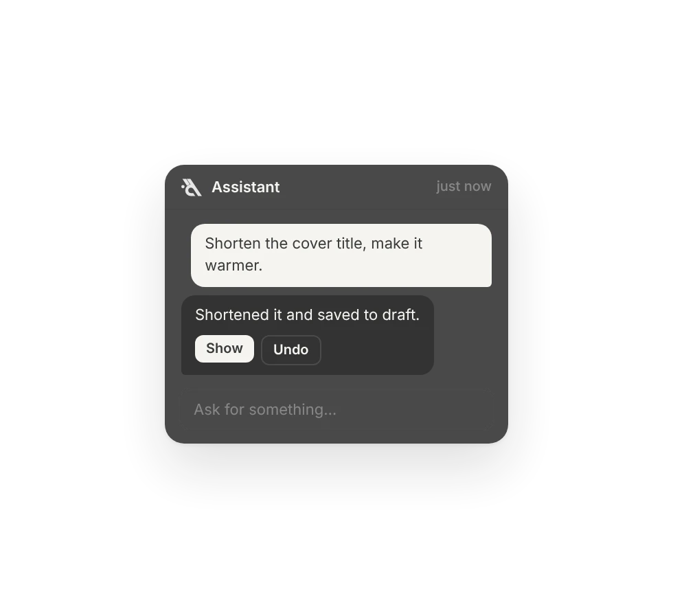 Assistant chat: the cover heading was shortened and saved as a draft, with Show and Undo buttons