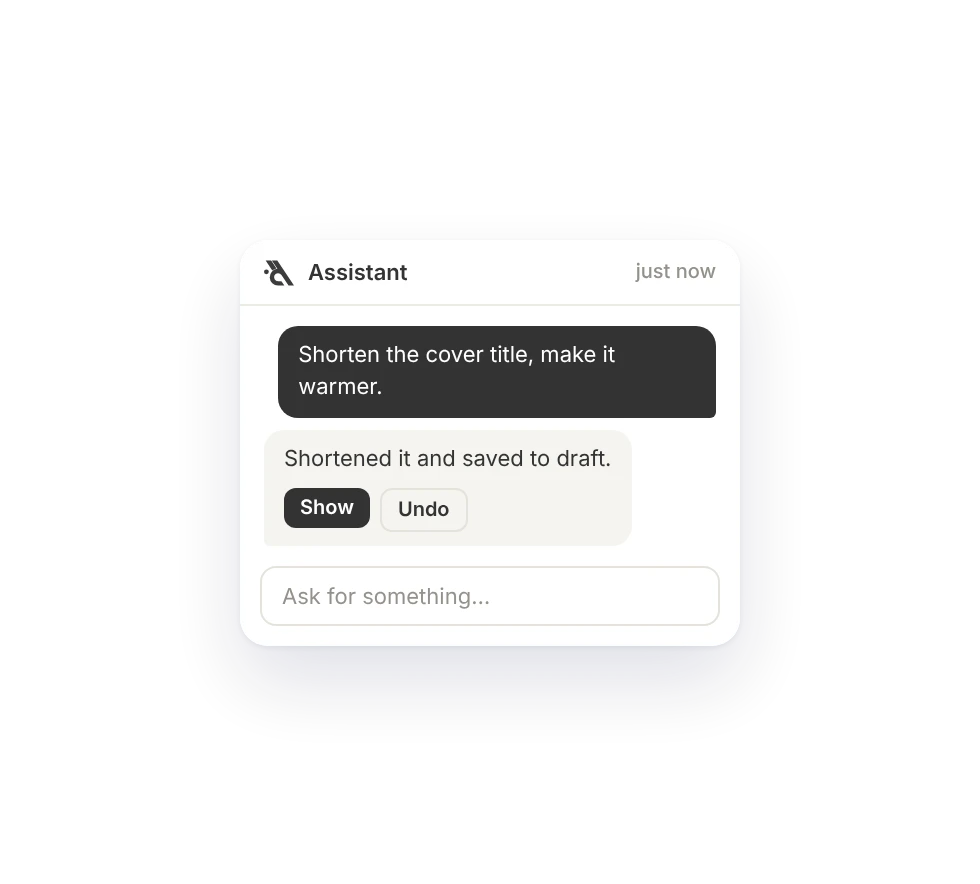 Assistant chat: the cover heading was shortened and saved as a draft, with Show and Undo buttons
