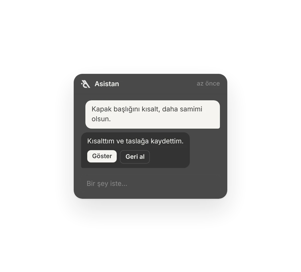 Asistan sohbeti: kapak başlığı kısaltıldı ve taslağa kaydedildi; Göster ve Geri al düğmeleri