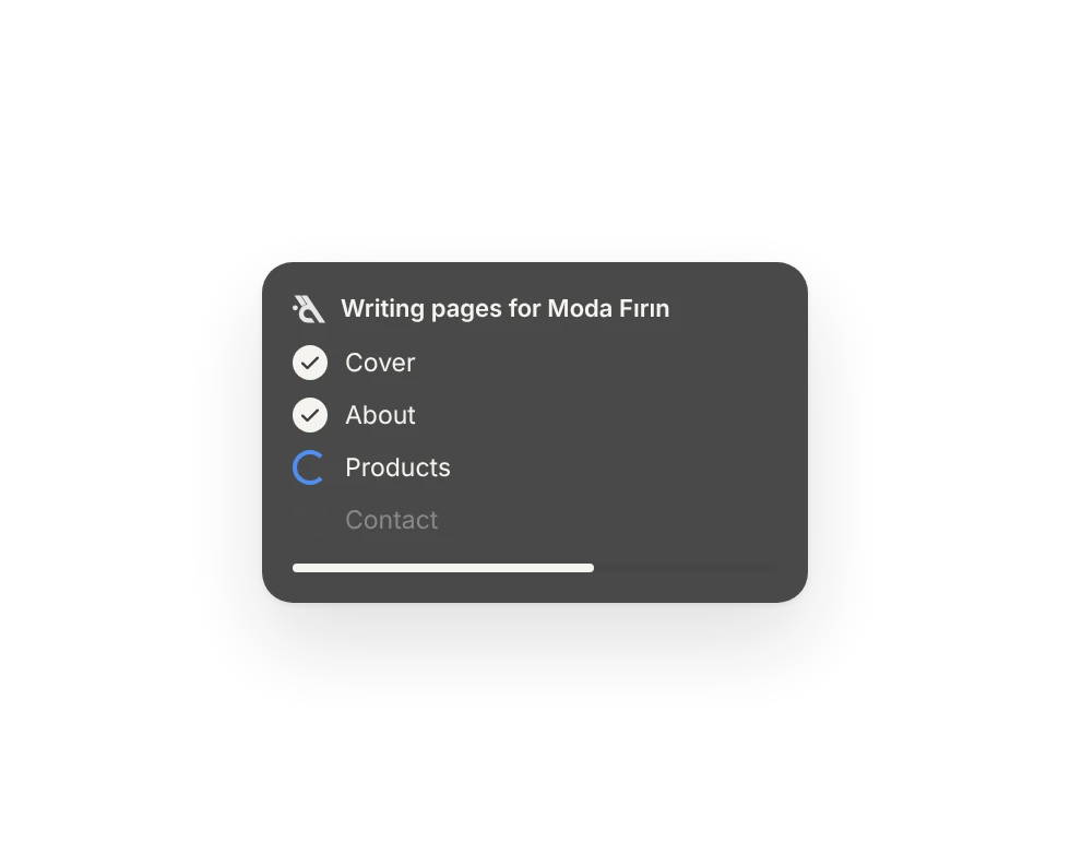 The assistant writing pages for Moda Bakery: Cover and About done, Products in progress