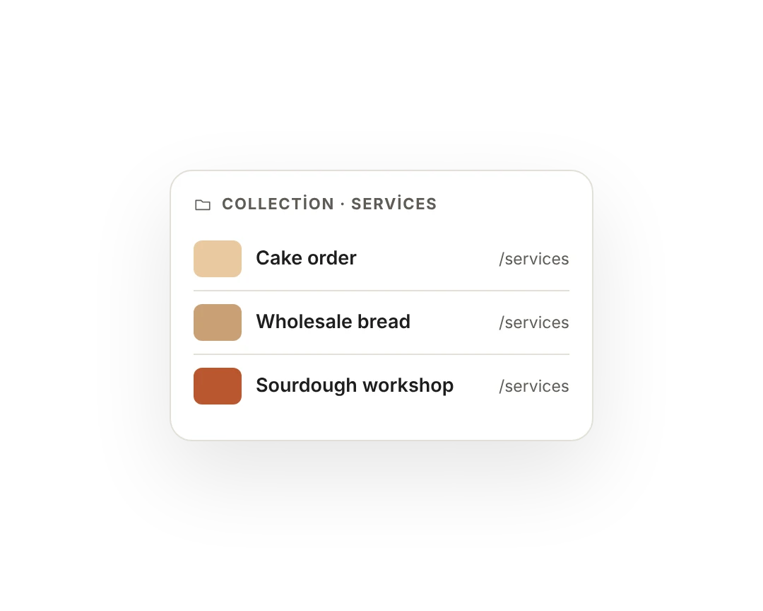 Services collection: cake orders, wholesale bread, sourdough workshop