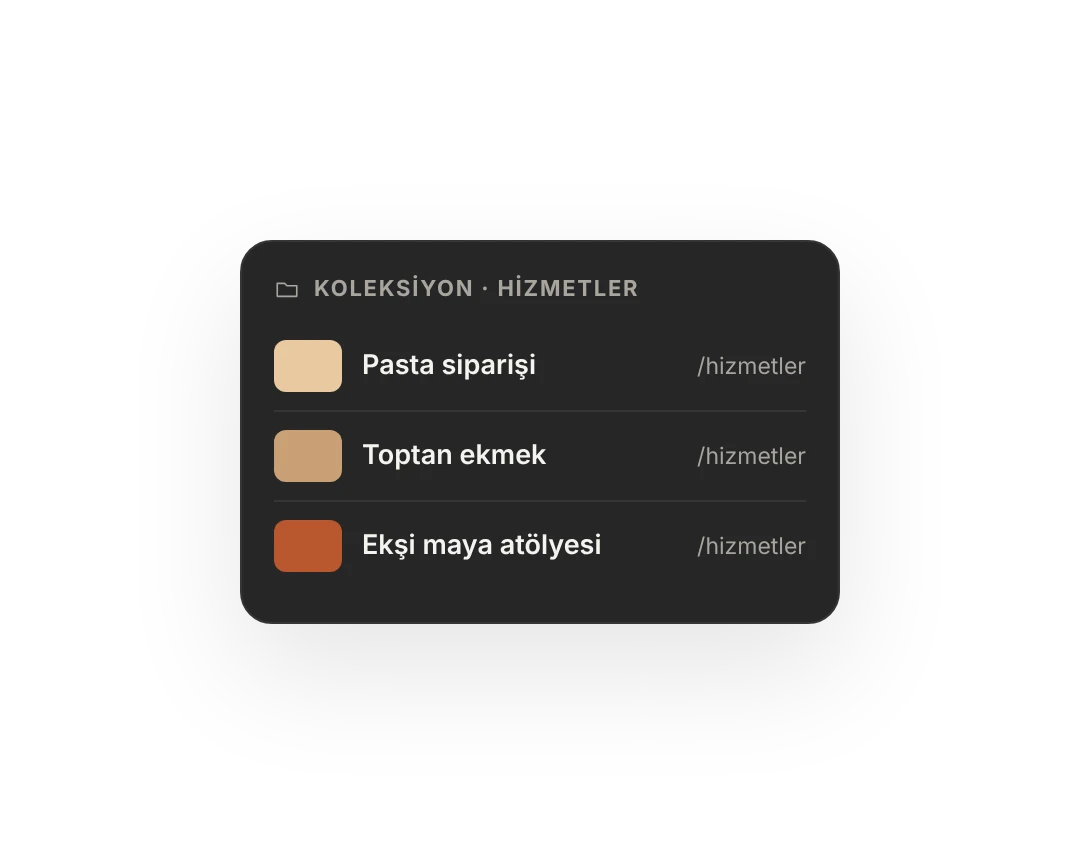 Hizmetler koleksiyonu: pasta siparişi, toptan ekmek, ekşi maya atölyesi