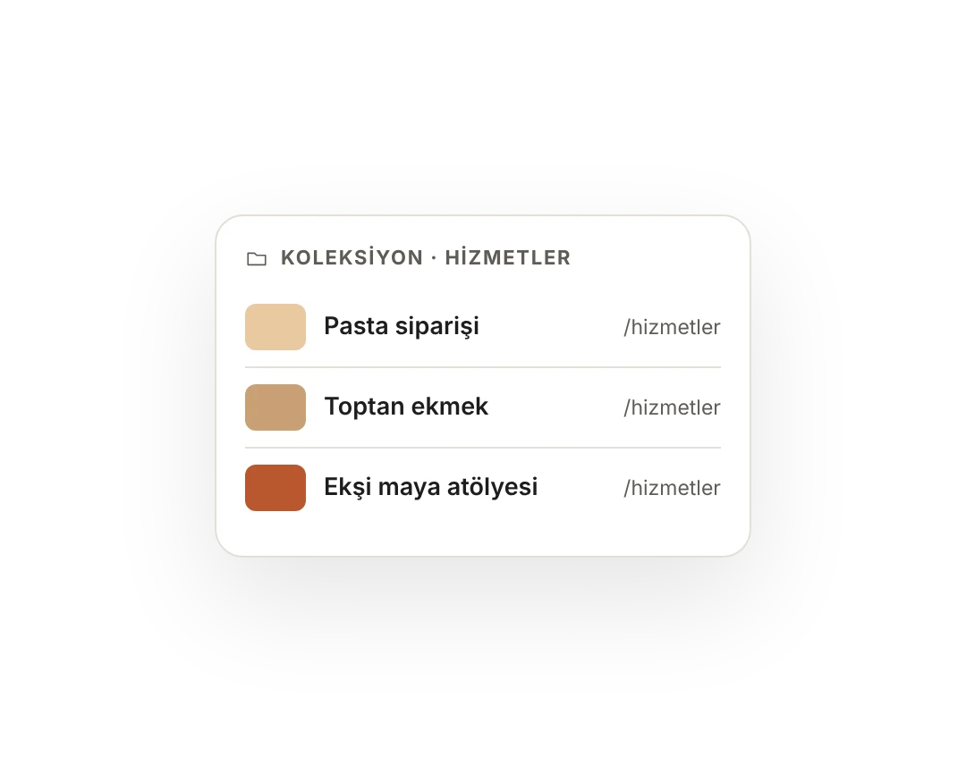 Hizmetler koleksiyonu: pasta siparişi, toptan ekmek, ekşi maya atölyesi