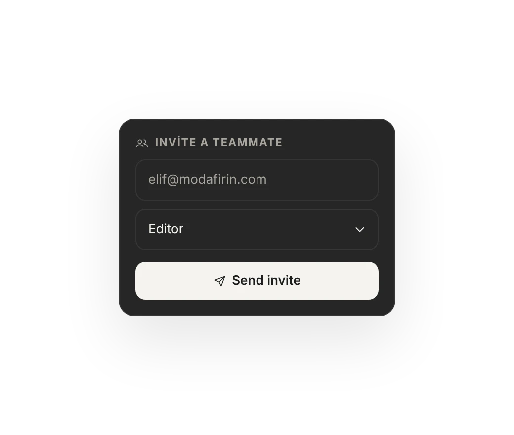 Invite a teammate: email address, Editor role and the Send invite button