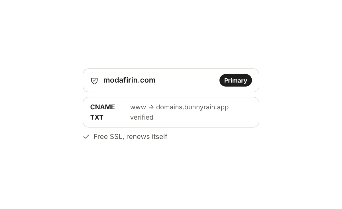 modafirin.com as the primary domain: records verified, SSL free and renewing on its own