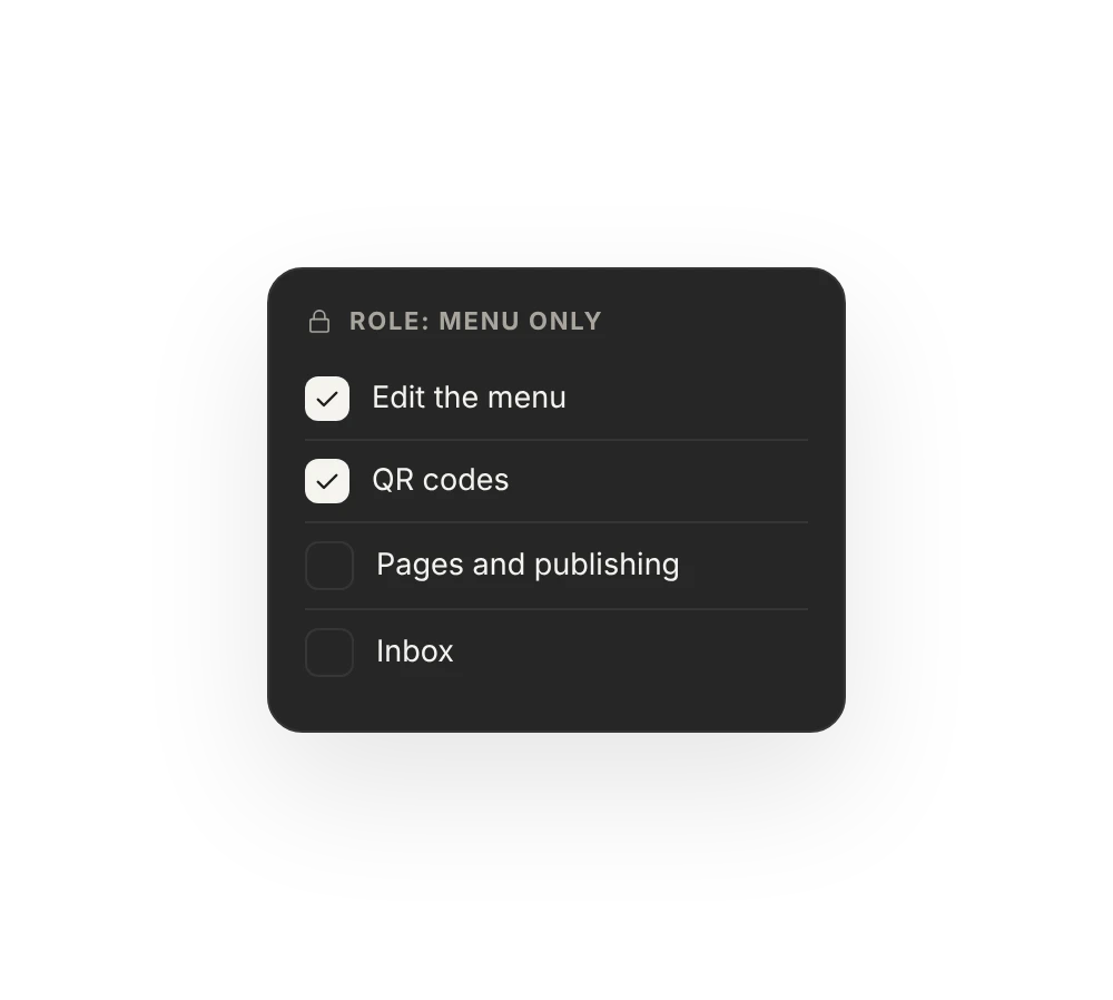 Custom role "Menu only": menu editing and QR codes on, pages and inbox off