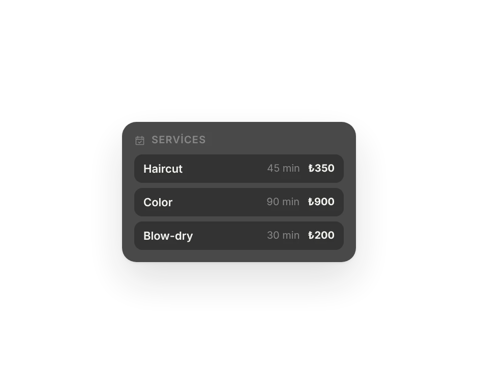 Services: haircut, colour and blow-dry with their length and price