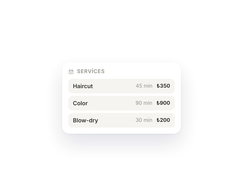 Services: haircut, colour and blow-dry with their length and price