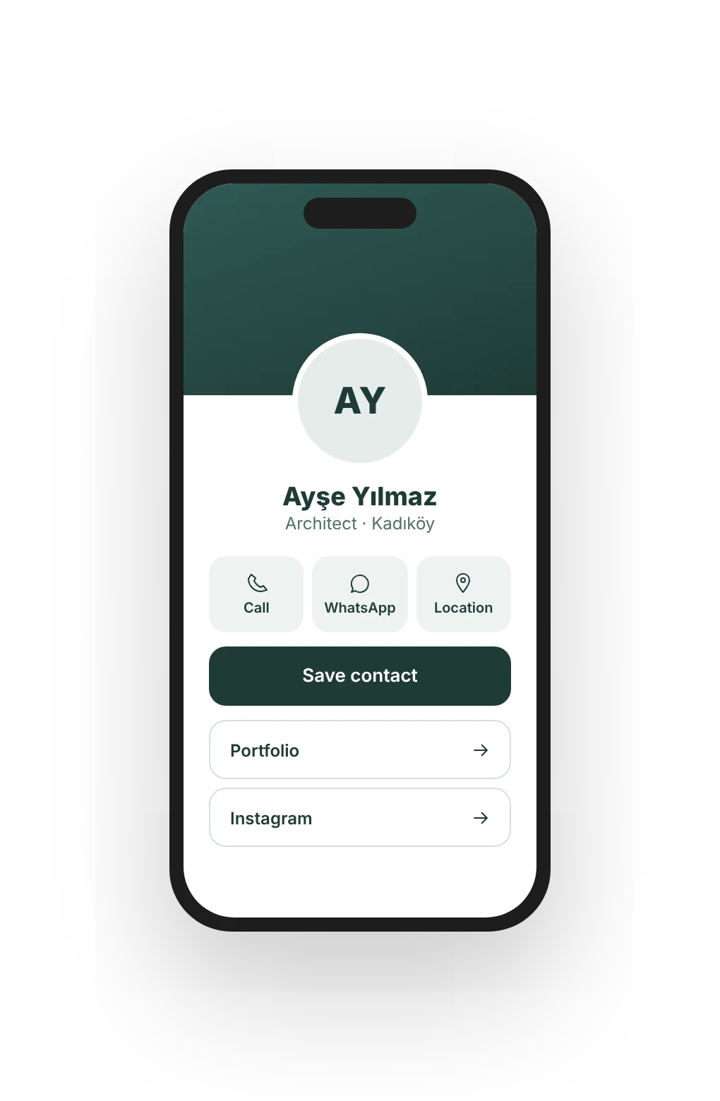 An architect's digital business card on a phone: call, WhatsApp, location and add to contacts buttons