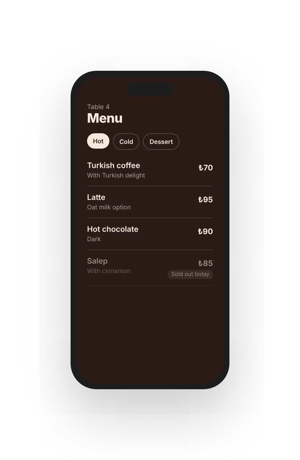 A café's QR menu on a phone: hot drinks and their prices