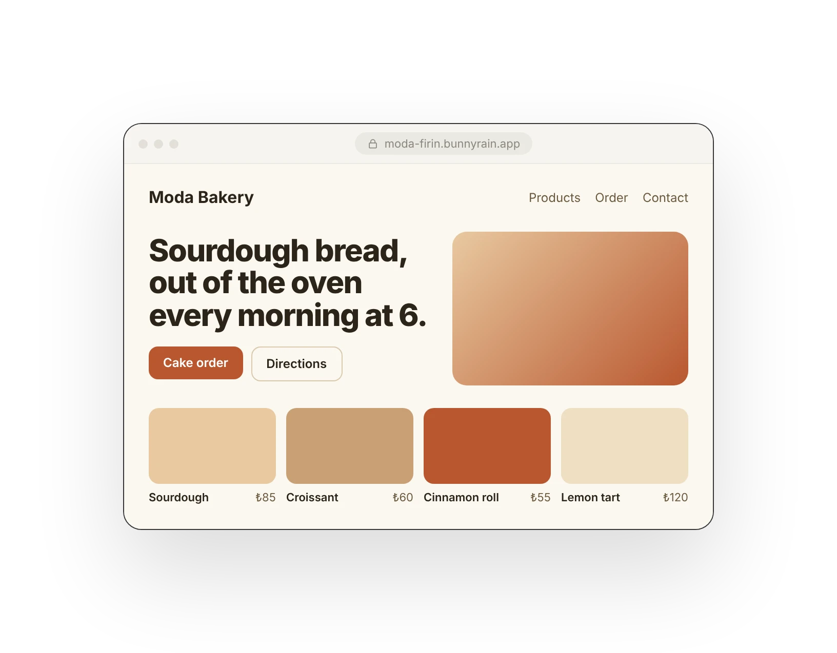 A bakery's website in the browser: headline, order button, products and prices