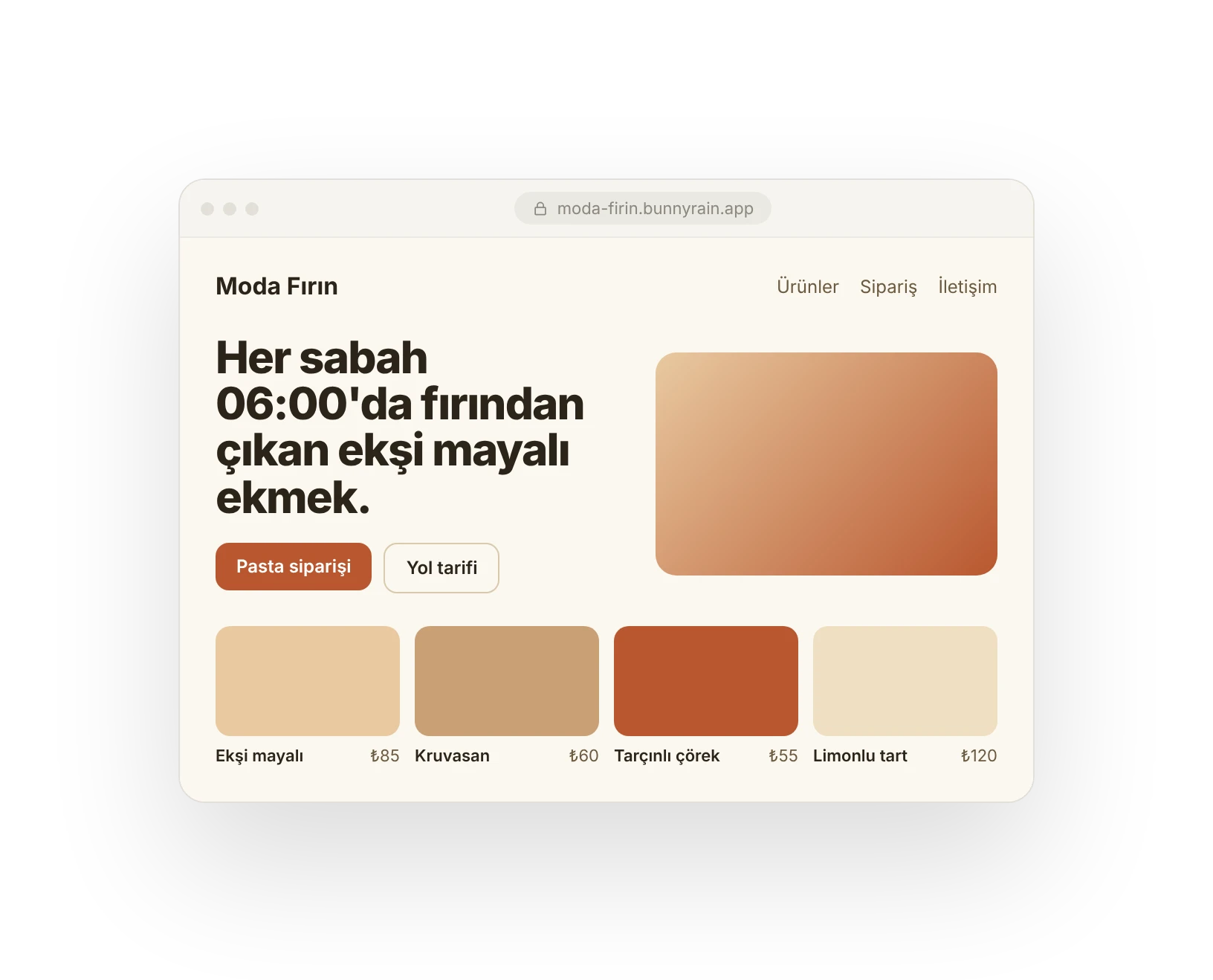 Bir fırının sitesi tarayıcıda: başlık, sipariş düğmesi, ürünler ve fiyatları
