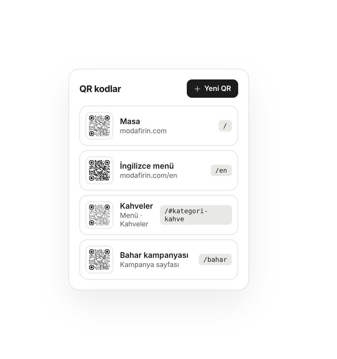 QR kodlar listesi: masa, İngilizce menü, kahveler kategorisi ve bahar kampanyası, her biri kendi adresiyle