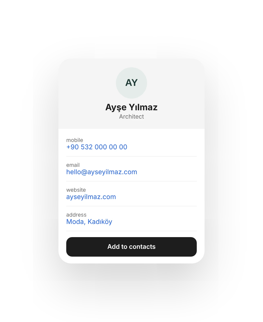 The phone's own contact card: name, mobile number, email, website, address and an Add to contacts button