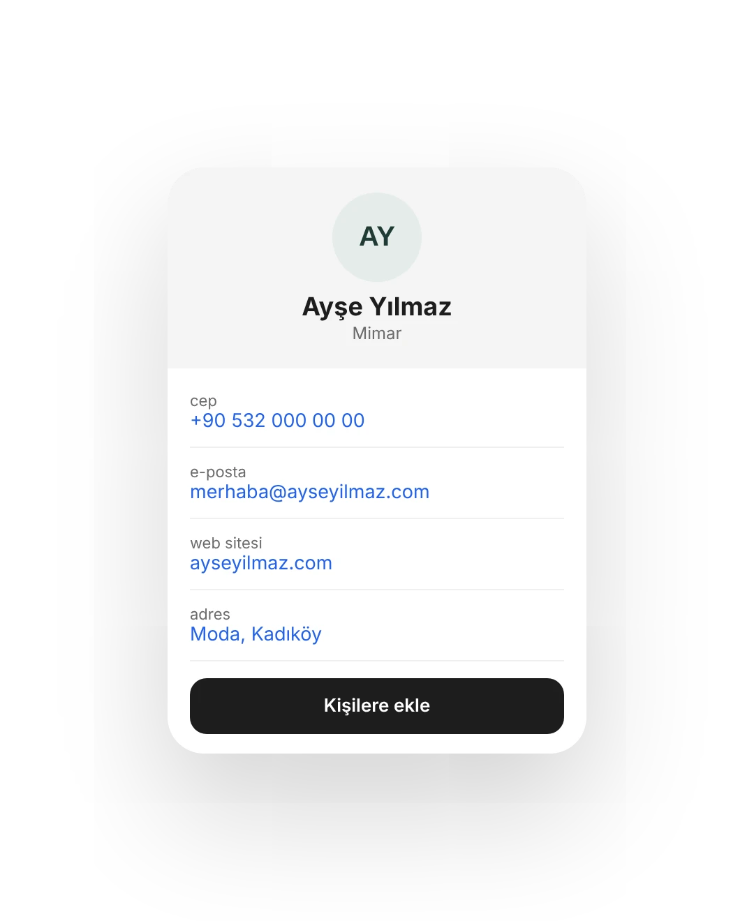 Telefonun kendi kişi kartı: ad, cep numarası, e-posta, web sitesi, adres ve Kişilere ekle düğmesi
