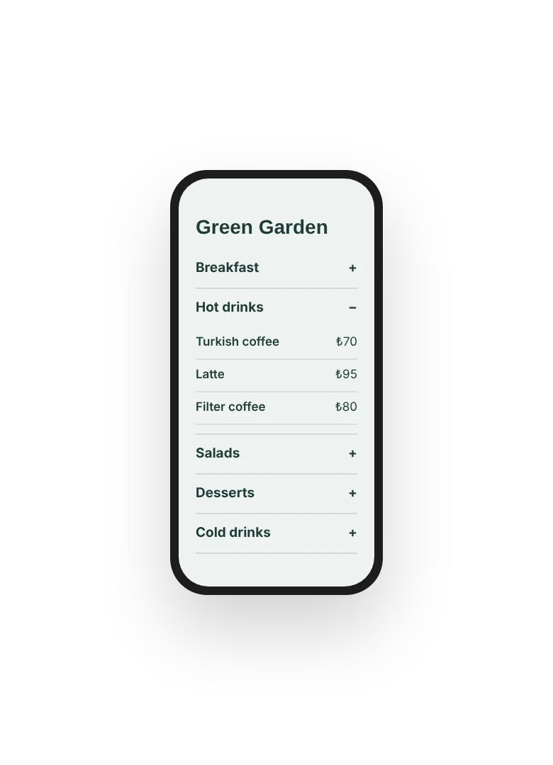 A menu in the Accordion design