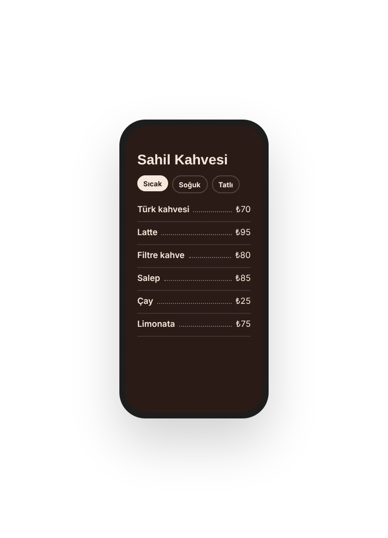 Klasik liste tasarımında bir menü